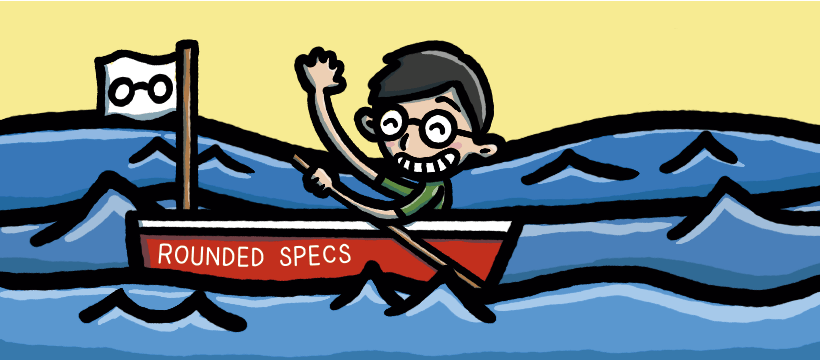 A smiling character with glasses rowing the Rounded Specs boat